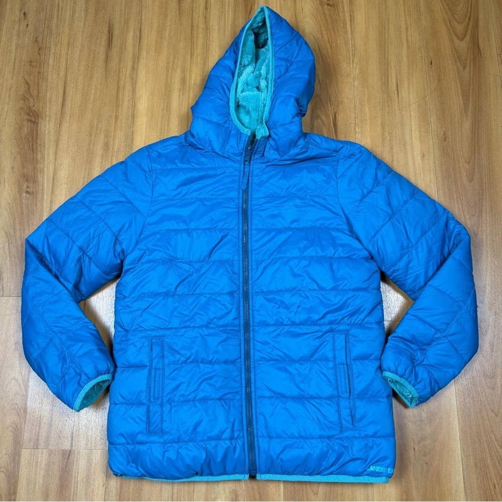 Lands’ End Girls XL 14-16 Blue Hooded Puffer‎ Jacket Faux Fur Lined Warm Coat